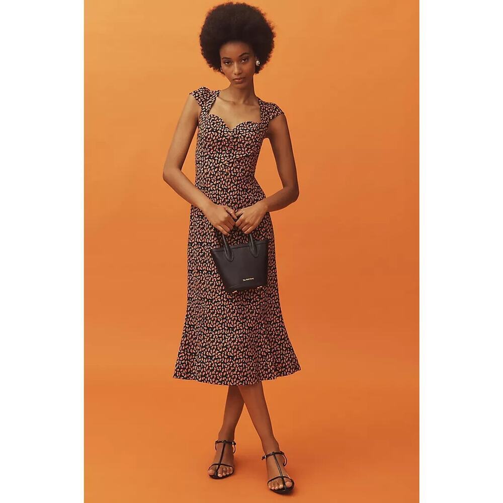 Anthropologie Black Midi Dress with Pink Spot Print